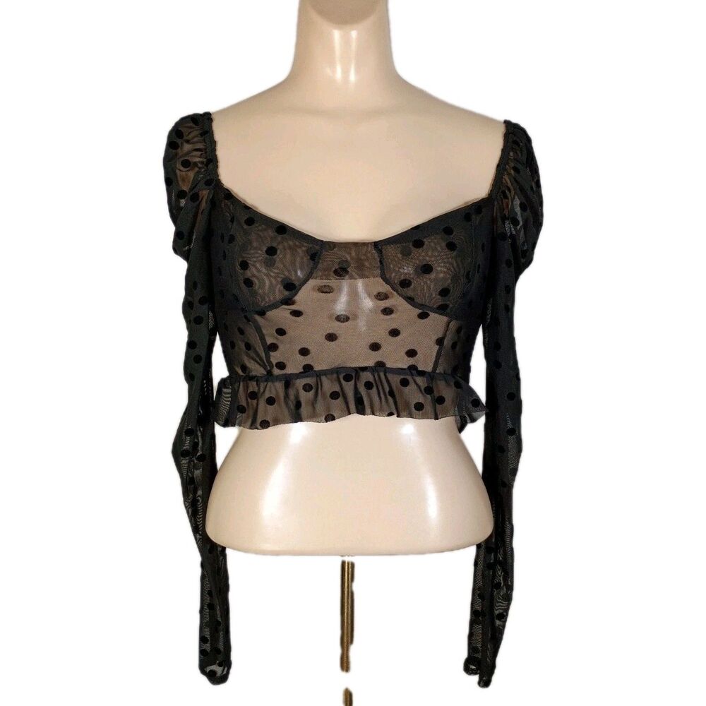 Pretty Little Things Sheer Black Polka Dot Crop Top 00 Witchy Goth Coquette